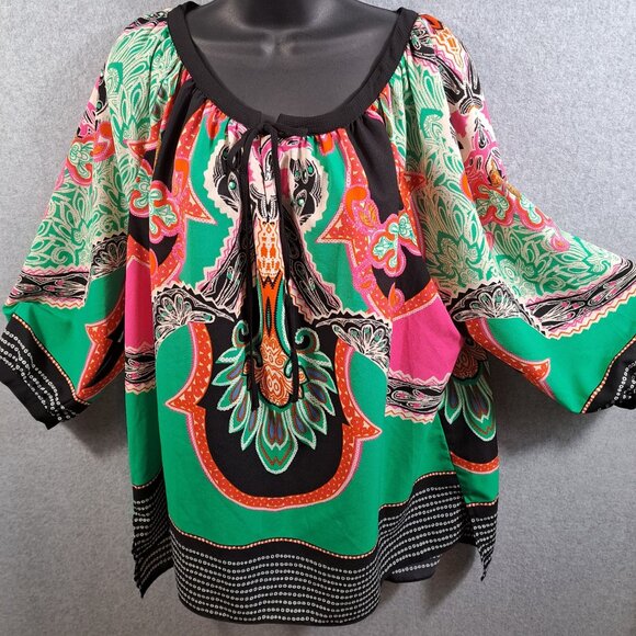 Gibson Latimer Women 2X Plus Top Tunic 3/4 Sleeve Multicolor V-Neck Tie Boho - Picture 1 of 10